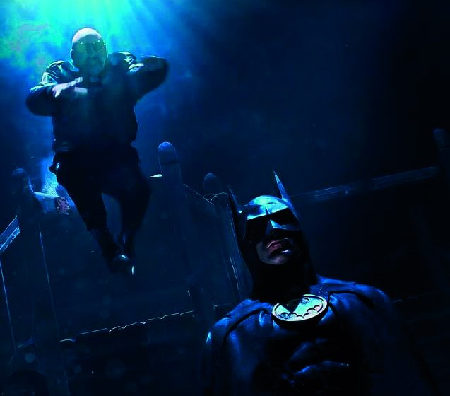 Batman and the Boombox Goon in the bell-tower sequence