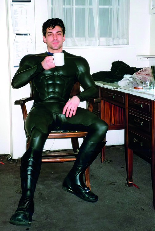 Carl Newman wearing the Batsuit during a tea break